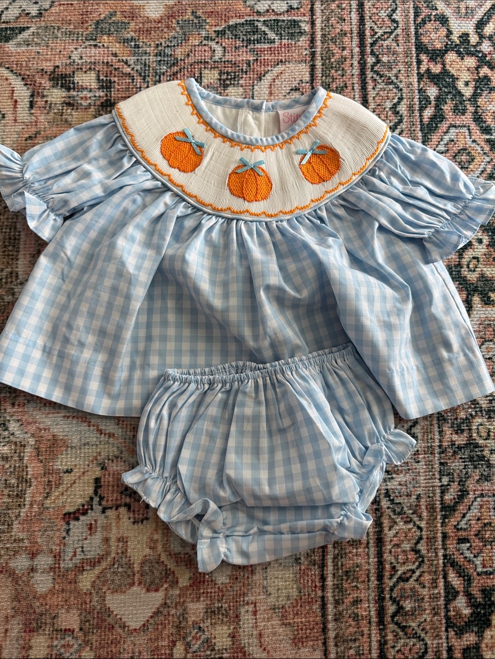 LIKE NEW - Stitchy Fish Light Blue Gingham Pumpkin Smocked Girls Two-Piece Set